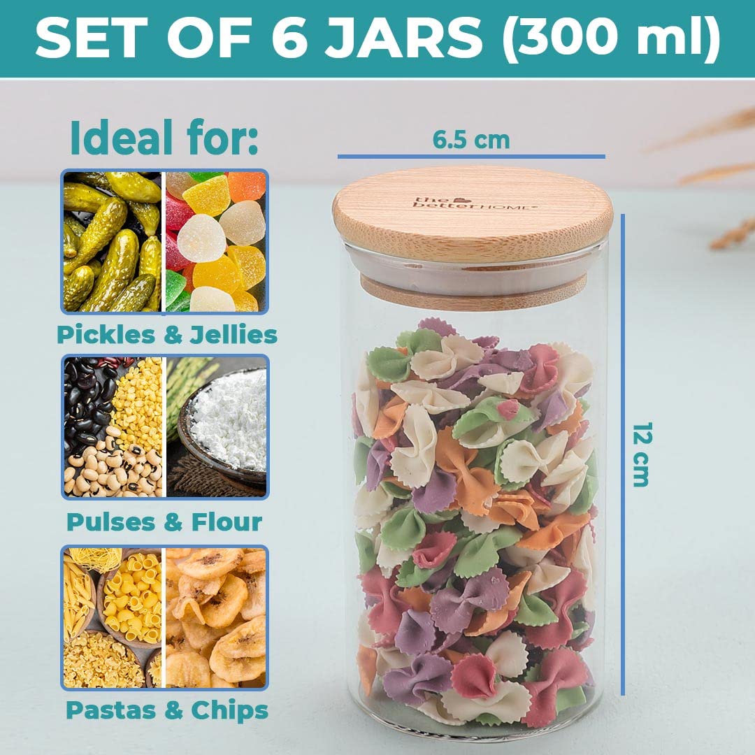 Pack of 4: Airtight Borosilicate Glass Kitchen Containers with Bamboo Lid | 300 ml Each | Transparent