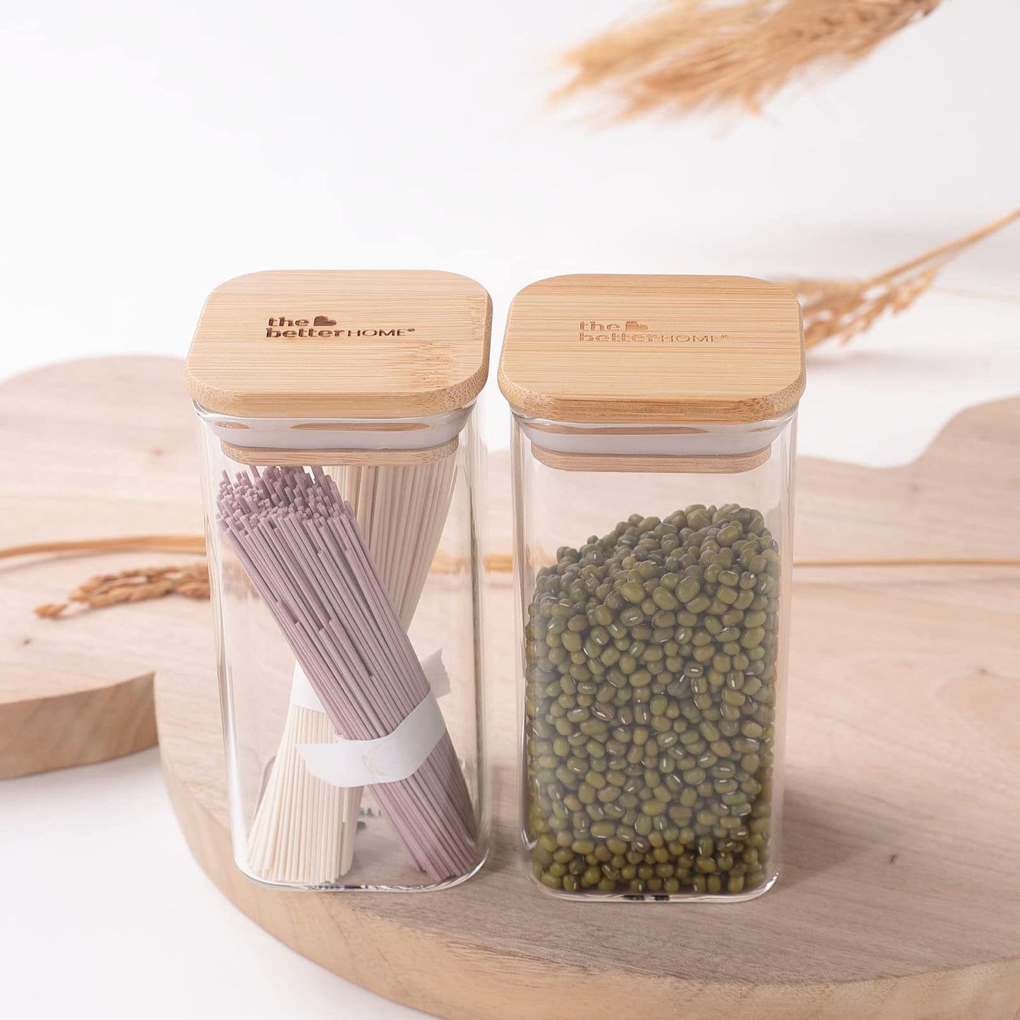 Pack of 2: Kitchen Storage Containers with Bamboo Lid | Airtight Borosilicate Glass Jars | 300 ml Each | Rectangular