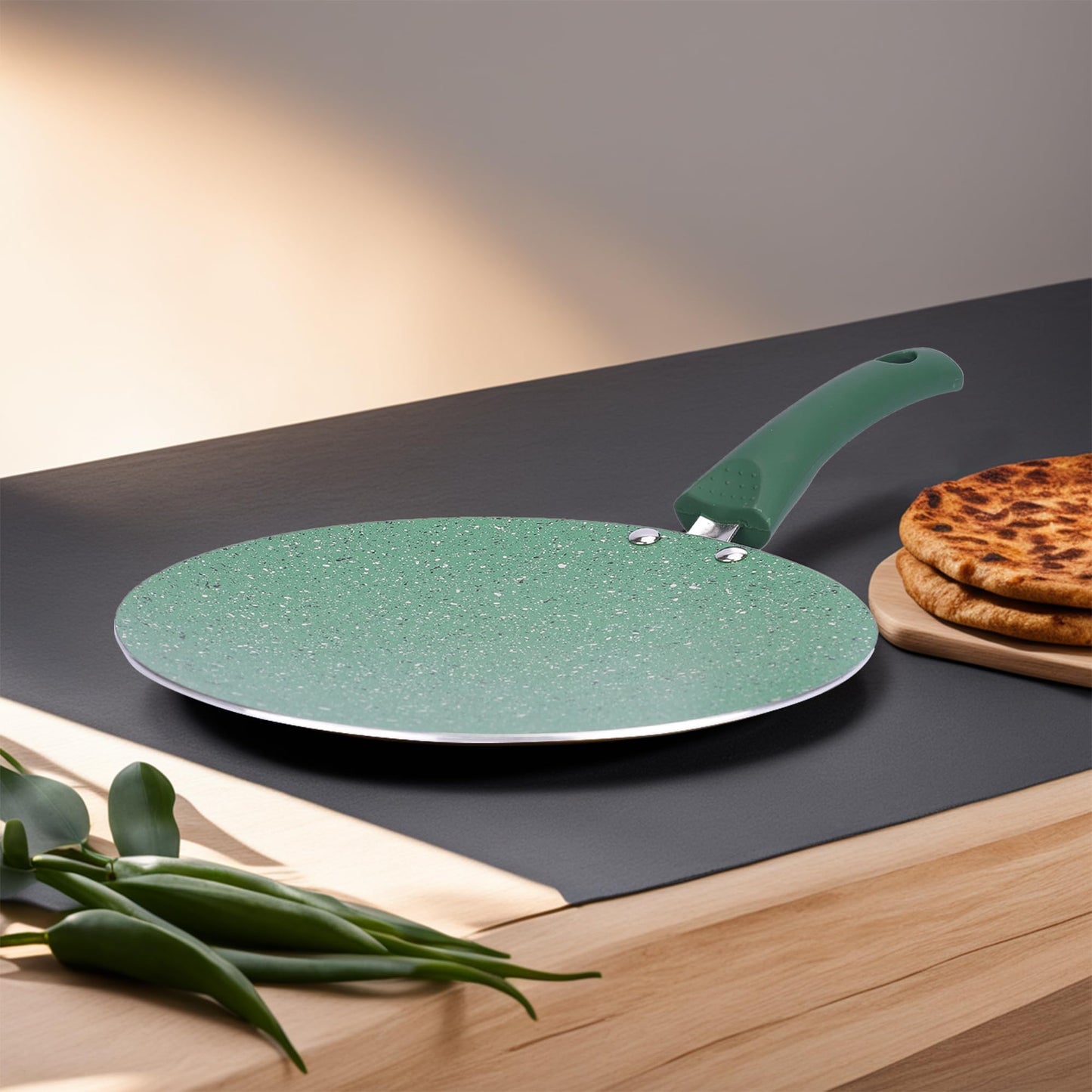 Non Stick Roti Tawa - Scratch Resistant Aluminium with Riveted Handle | 24 cm | Green | Dishwasher Safe