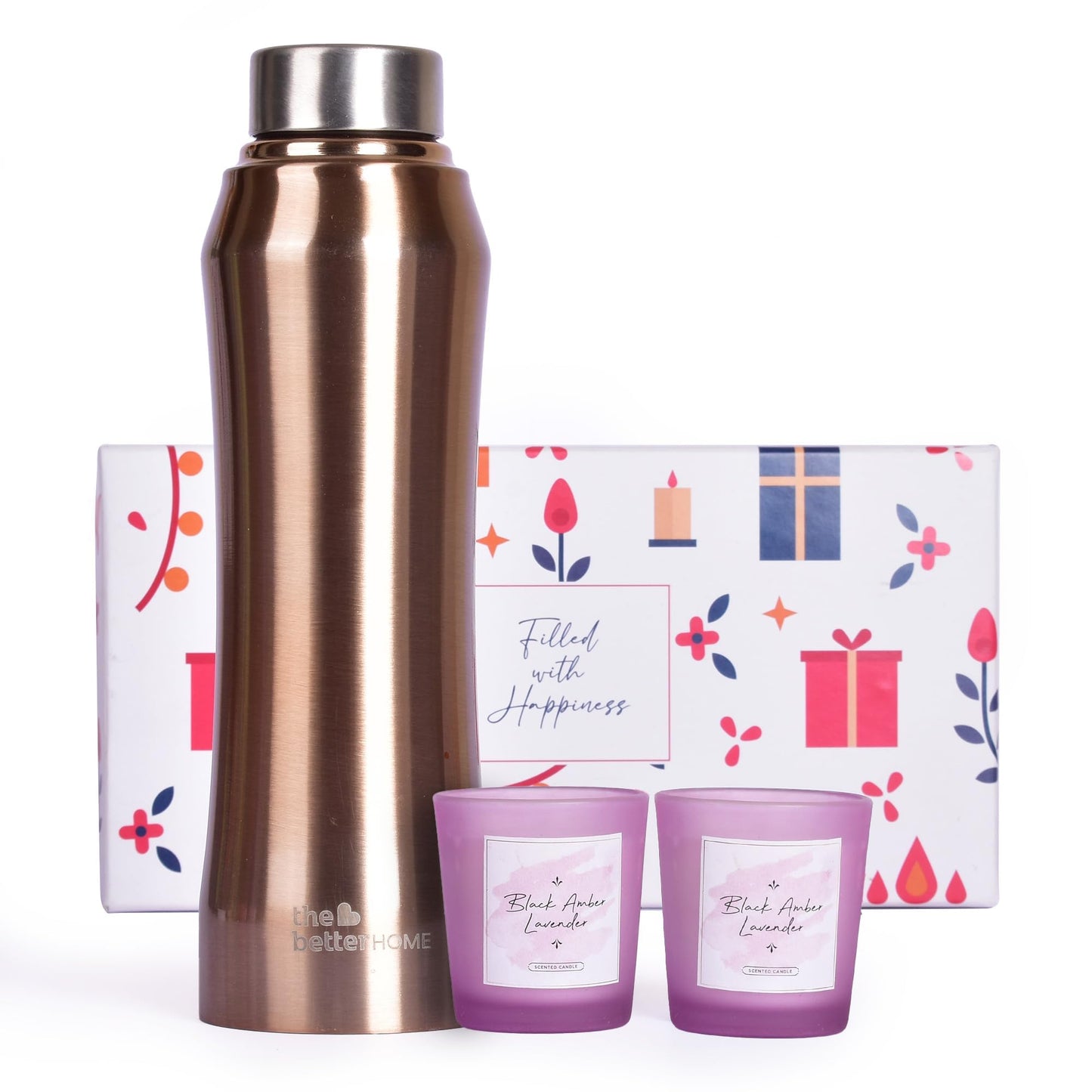 The Better Home Gift Set for Housewarming, Diwali |Gift Box of 3 with Steel Bottle (Gold,1 LTR) & 2 Candles(Lavender,60g) | Gift for Housewarming, Secret Santa Gifts