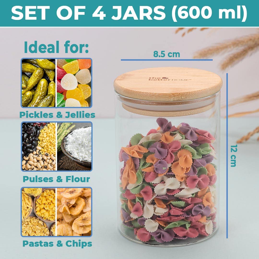 Pack of 4: Airtight Borosilicate Glass Kitchen Containers with Bamboo Lid | Set of 4 Jars | 600 ml Each | Clear