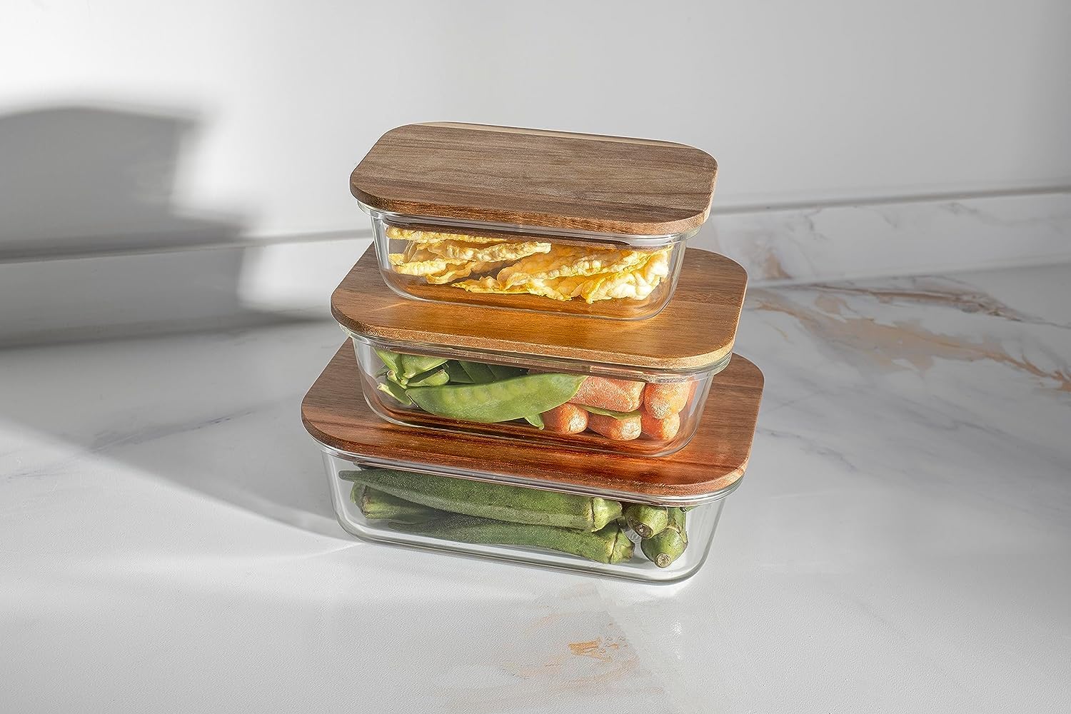 The Better Home Borosilicate Glass Containers with Wooden Lid, 3 pcs Set, Borosilicate Glass, Rectangle Shape, Transparent, Microwave and Refrigerator Safe, 370ml, 640ml,1050ml
