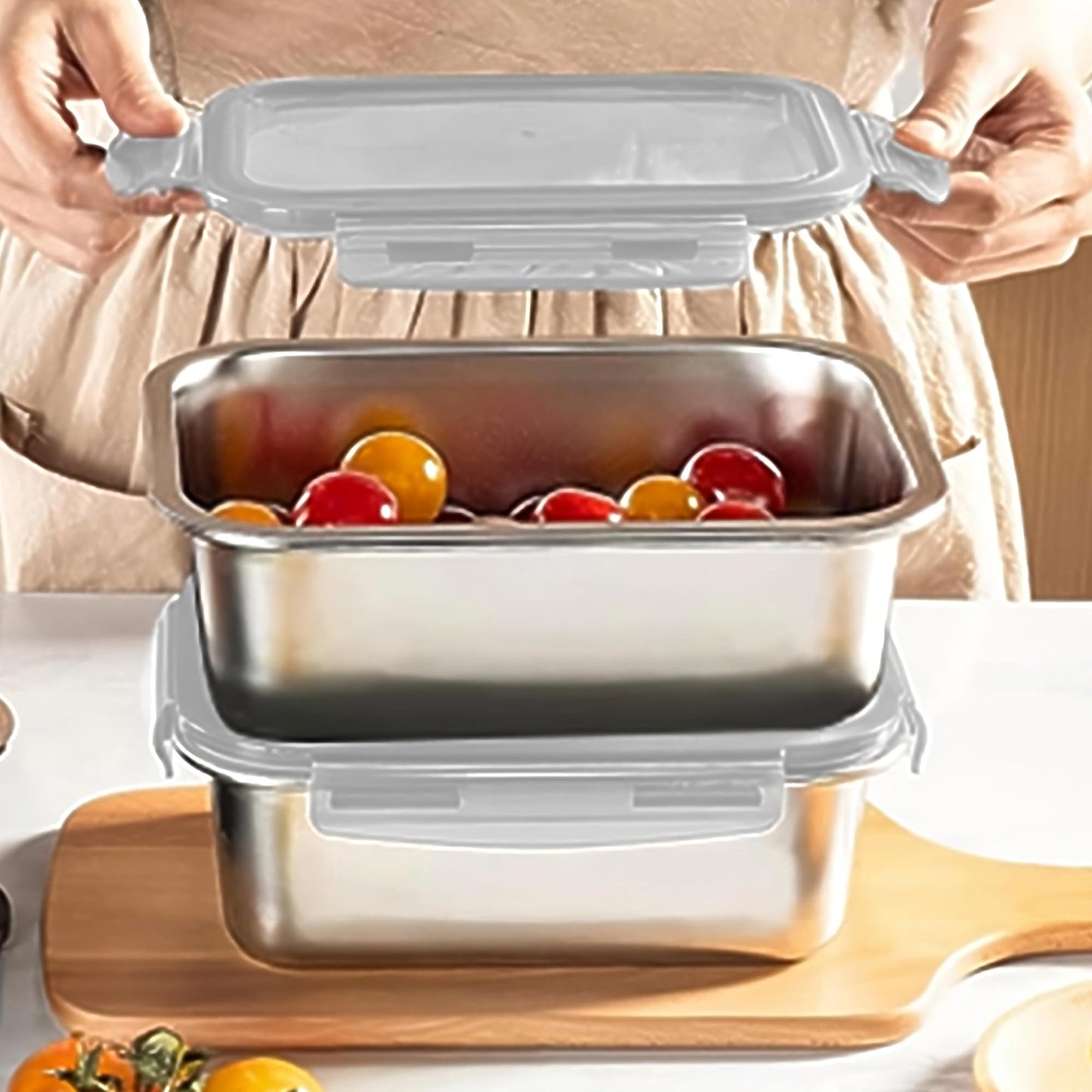 Pack of 2: Microwave Safe Lunch Boxes - Leak Resistant, Dishwasher Safe | 800ml Each | Silver | Modern