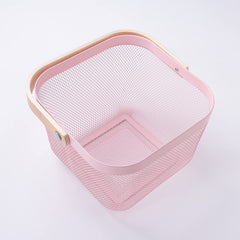 Metal Mesh Storage Basket with Wooden Handle | Ideal for Storage, Shopping, Picnics and More (Pink)