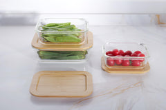 The Better Home Borosilicate Glass Containers with Wooden Lid, 3 pcs Set, Borosilicate Glass, Rectangle Shape, Transparent, Microwave Safe (Rectangular - Brown)