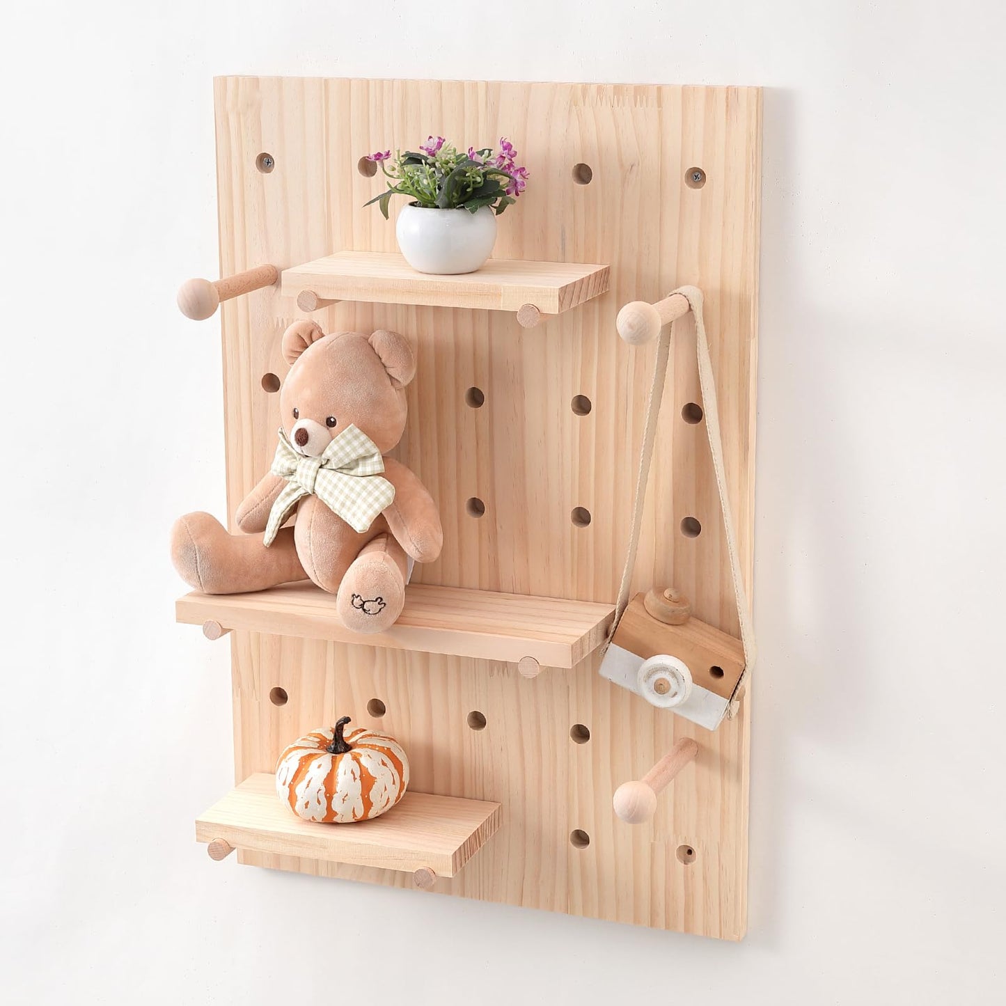 Wooden Shelf for Wall - Space Optimizing, Stylish Key Holder | 1 Pegboard, 3 Shelves, 3 Hooks | 24x16 In | Wood Finish