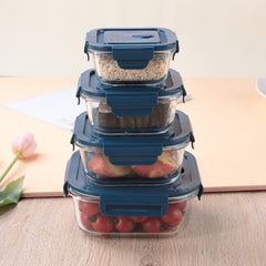 The Better Home UMAI Food Container With Snap Airtight Lid (4Pcs-370ml, 520ml, 800ml, 1100ml)|Borosilicate Glass Container For Kitchen Storage Box Microwave Safe | Glass Tiffin Box| Lunch Box (Square)