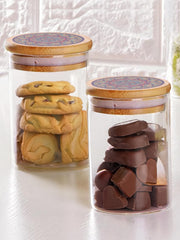 The Better Home Borosilicate Glass Jar with Printed Bamboo Lid|Kitchen Organizer Items and Storage|Multi-utility, Leakproof, Airtight Storage Jar for Cookies,Snacks,Tea,Coffee,Sugar|Pack of 2(600ml)