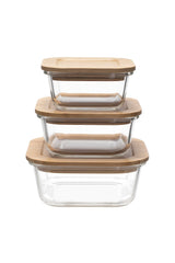 The Better Home Borosilicate Glass Containers with Wooden Lid, 3 pcs Set, Borosilicate Glass, Rectangle Shape, Transparent, Microwave Safe (Square)