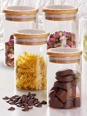The Better Home Borosilicate Glass Jar with Printed Bamboo Lid|Kitchen Organizer Items and Storage|Multi-utility, Leakproof, Airtight Storage Jar for Cookies,Snacks,Tea,Coffee,Sugar|Pack of 4(600ml)