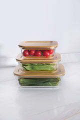 The Better Home Borosilicate Glass Containers with Wooden Lid, 3 pcs Set, Borosilicate Glass, Rectangle Shape, Transparent, Microwave Safe (Rectangular - Brown)