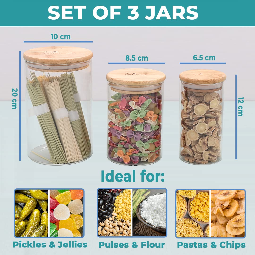 Pack of 4: Kitchen Storage Jars with Bamboo Lid | Airtight Borosilicate Containers | 600 ml Each | Round