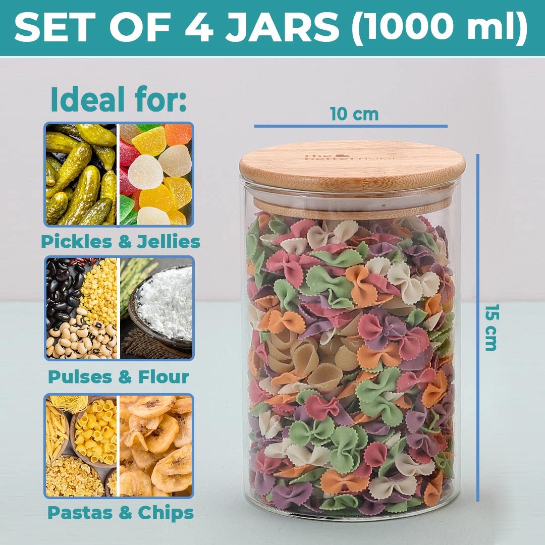 Borosilicate Glass Jar for Kitchen Storage | Kitchen Container Set and Storage Box, Glass Containers with Lid | Air Tight Containers for Kitchen Storage |Pack of 4 (1000ml)