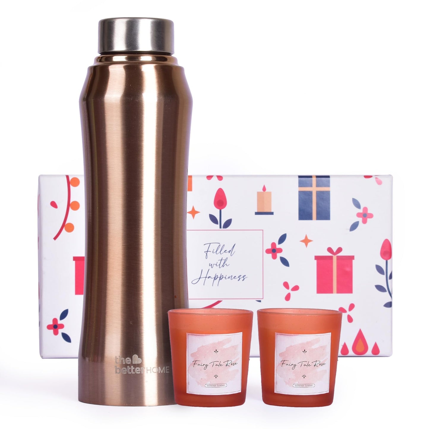 The Better Home Gift Set for Housewarming,Diwali | Gift Box of 3 with Stainless Steel Bottle(Gold, 1 LTR) & 2 Candles(Rose, 60g) | Gift for Housewarming, Secret Santa Gifts