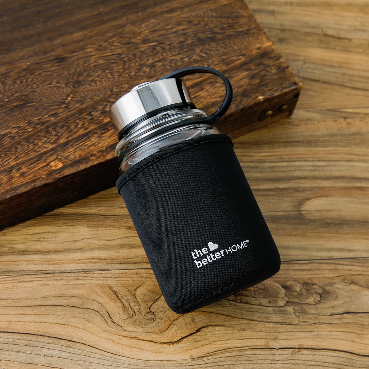 Borosilicate Glass Water Bottle - Leak Proof, BPA Free, Anti Fragile | With Cover Sleeve | 650ml | Black