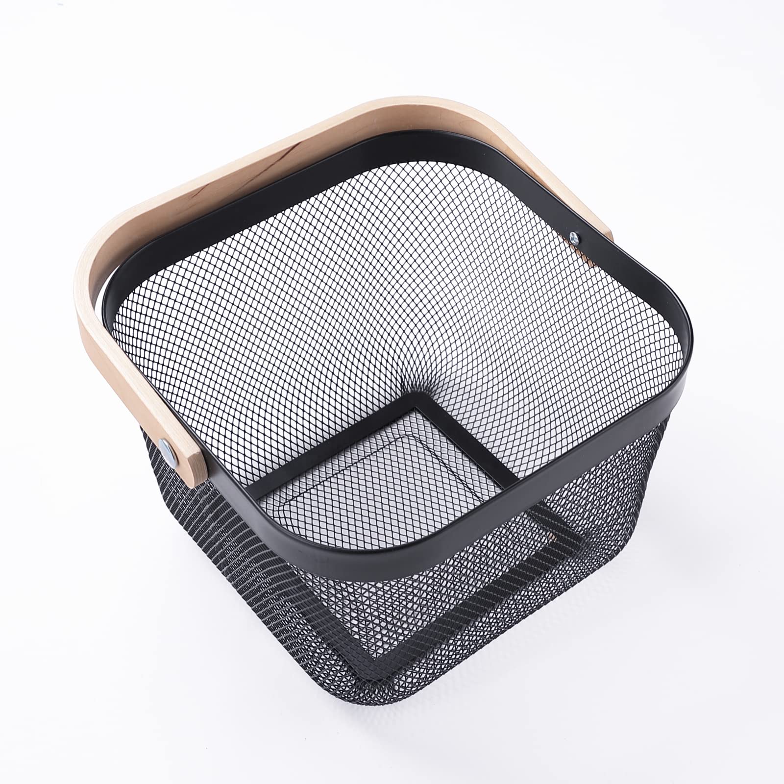 Metal Mesh Storage Basket with Wooden Handle | Ideal for Storage, Shopping, Picnics and More (Black)