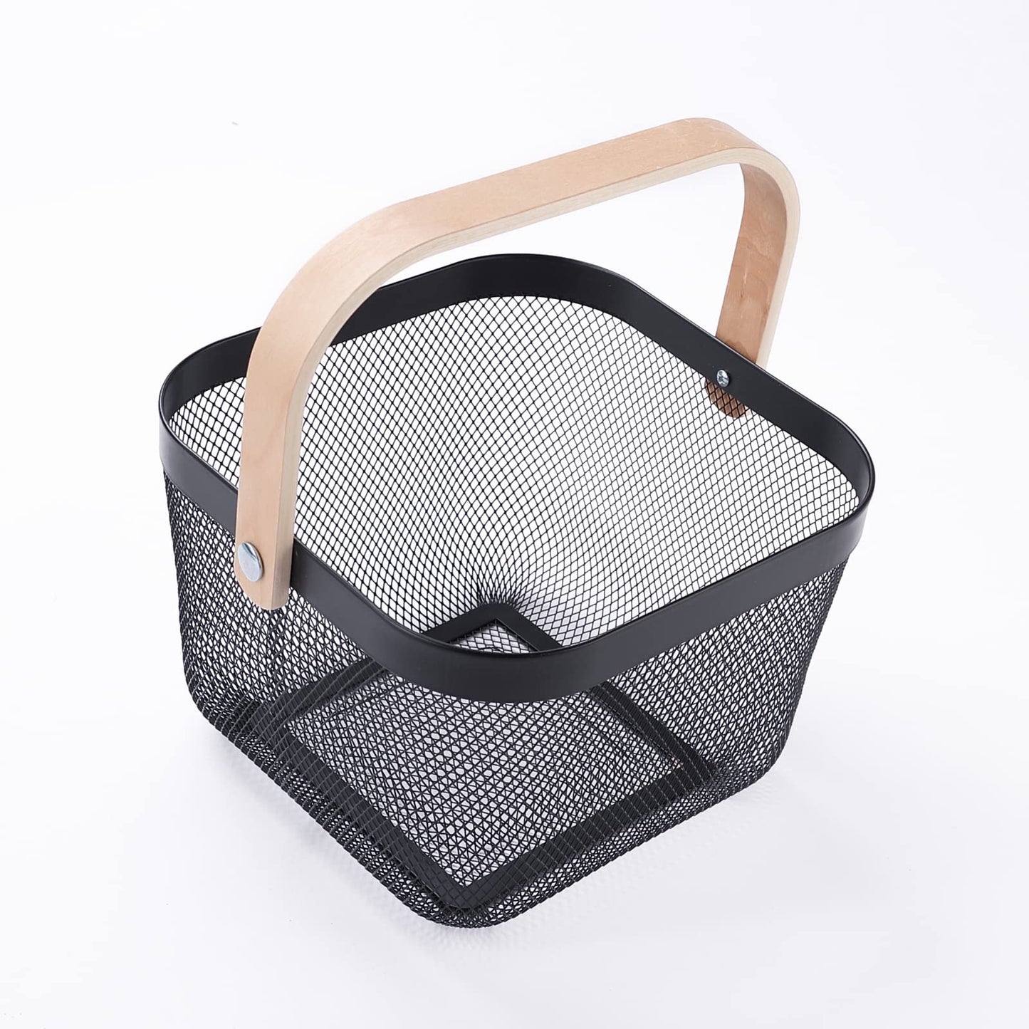 Metal Mesh Fruit Basket with Wooden Handle | Multi-Purpose Storage | Small | Black