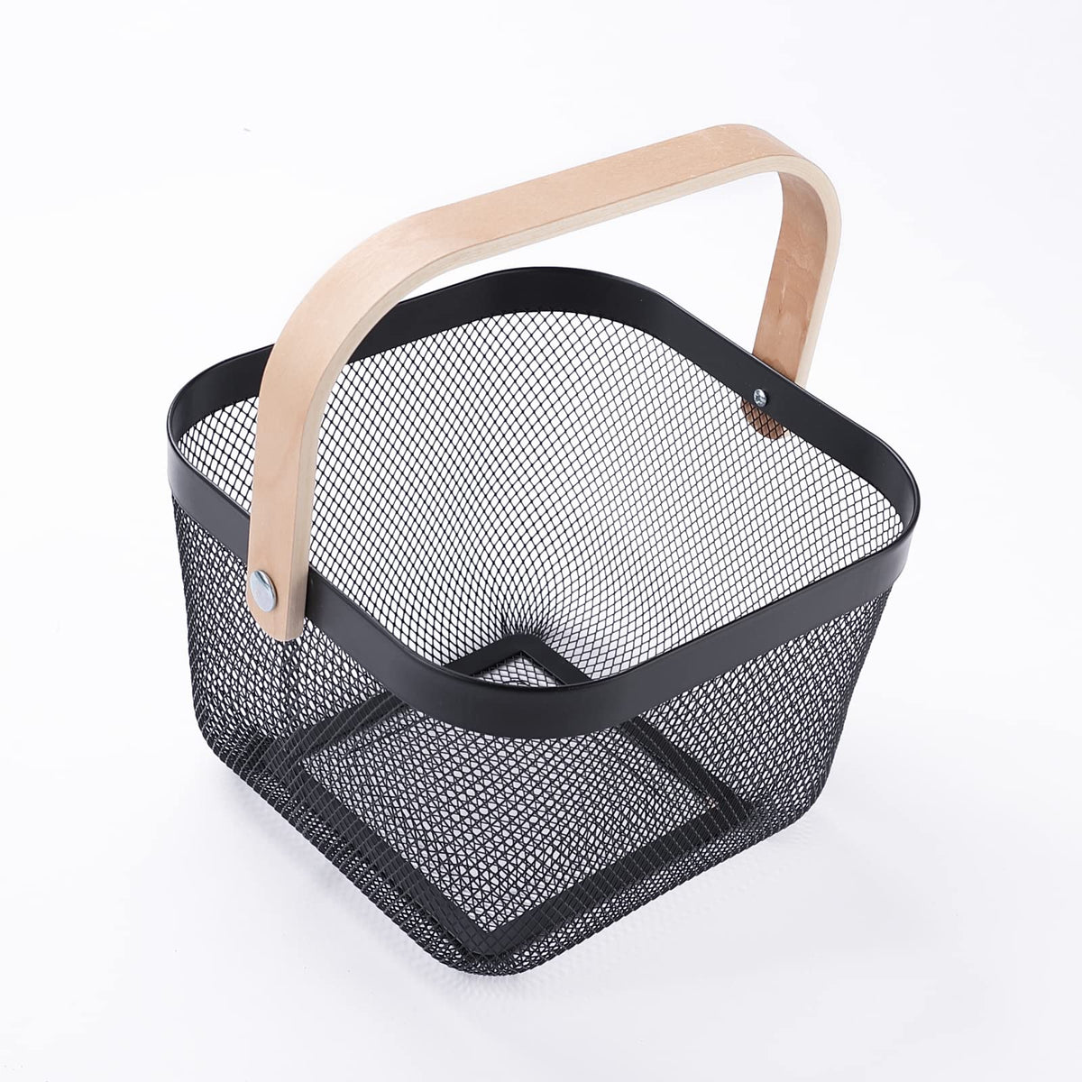Metal Mesh Storage Basket with Wooden Handle | Ideal for Storage, Shopping, Picnics and More (Black)