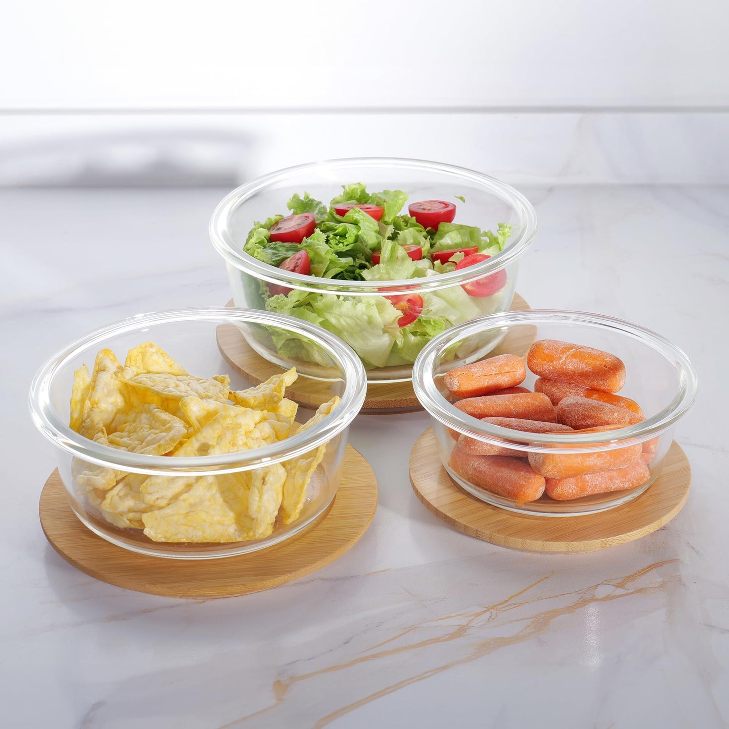 3-Piece Borosilicate Glass Food Container Set with Airtight Wooden Lids | Microwave & Freezer Safe | Clear