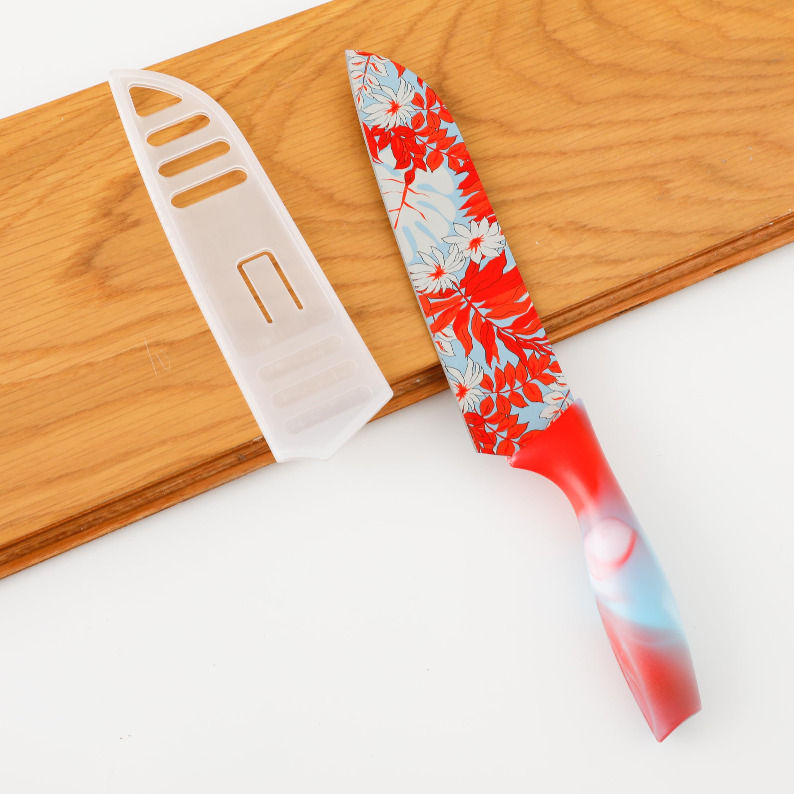 The Better Home Knife Kitchen Knife Chef Knife Color Printing Santoku Knife & Non-Slip Handle with Blade Cover,7 inch, Stainless Steel|Utility Knife. (Red Set of 5)